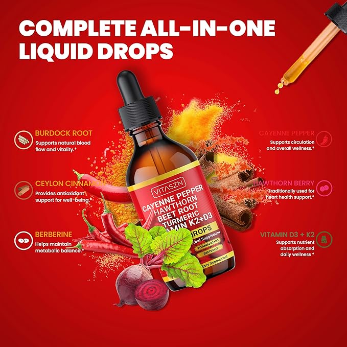 Cayenne Pepper Drops Liquid Supplement with Hawthorn Berry, Vitamin D3 + K2, Beet Root, Ceylon Cinnamon, Turmeric Curcumin, Panax Ginseng & Berberine Vegan-Friendly, Easily Absorbed 2oz - 60ml