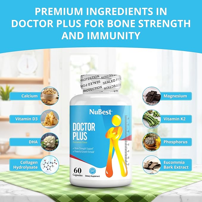 NuBest Doctor Plus - Bone Strength Supplement for Increased Development, Brain Growth, Boost Immunity with Calcium, Vitamin D3, K2, and Herbs for Age 10+ | 60 Capsules | 1 Month Supply