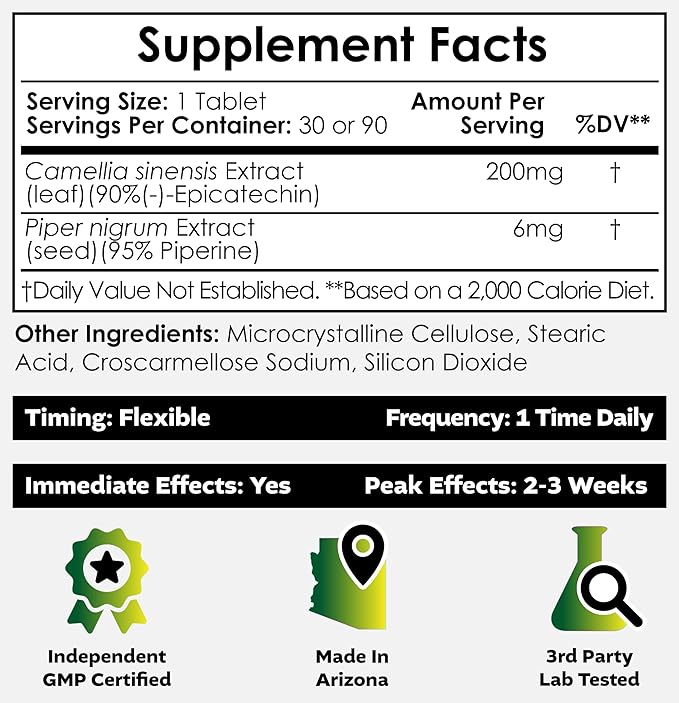 Nootropics Depot Epicatechin Tablets | 200mg (−)−Epicatechin + 6mg Piperine for Bioavailability | Green Tea Extract | Promotes Muscle Mass, Cardiovascular Health, and Energy | 90 Count