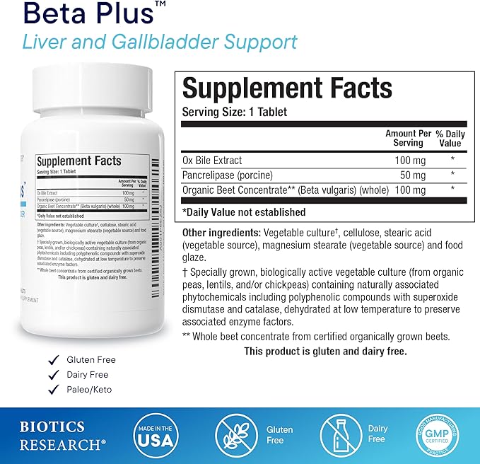 Biotics Research Beta-Plus™ Nutritional Ox Bile Salts Digestive Enzymes Supplement For Bile Production For No Gallbladder-Supports Overall Liver Function, Aids Fat Digestion, Supplies Betaine 180 Tabs
