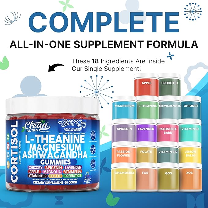 Clean Nutra L-Theanine Magnesium Ashwagandha Cortisol Gummies Apigenin Vitamin B6 Sleep Aid Calm Stress Relief Support Cortisol Management Supplement Lavender Chicory Prebiotic Advanced Gummy Formula