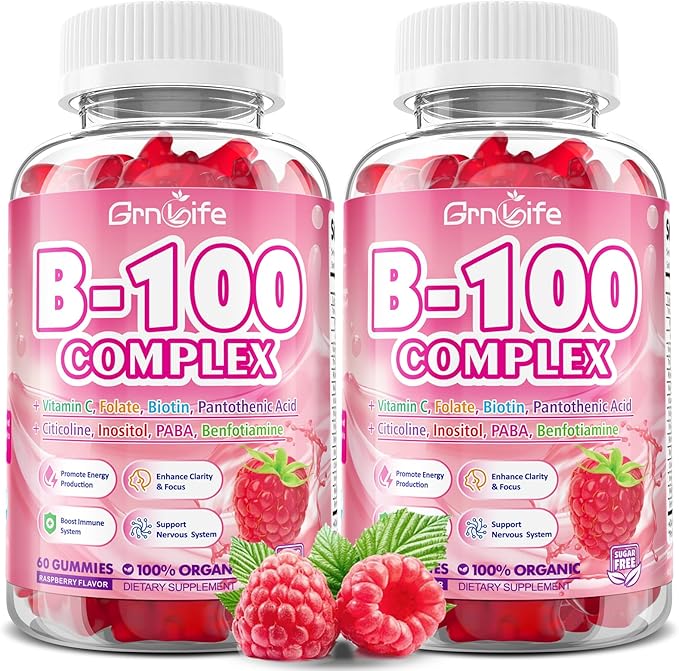 2 Pack Vitamin B Complex Gummies, All B Vitamins + Methyl B12, B1, B2, B3, B5, B6, Biotin, Methylfolate, Vitamin C, Choline, Inositol, PABA for Energy & Immune Support, Raspberry, 120 Count