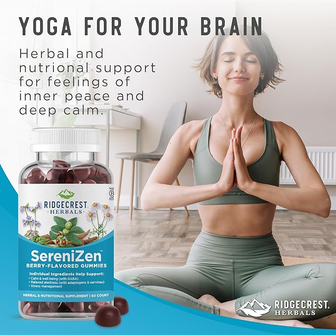 RidgeCrest Herbals SereniZen Gummies with Ashwagandha, GABA, L-Theanine, Chamomile & Lemon Balm, Supports Relaxation & Calm, Stress Management, Sleep. Daily Health Supplement, 60 Ct, 1-2 Month Supply