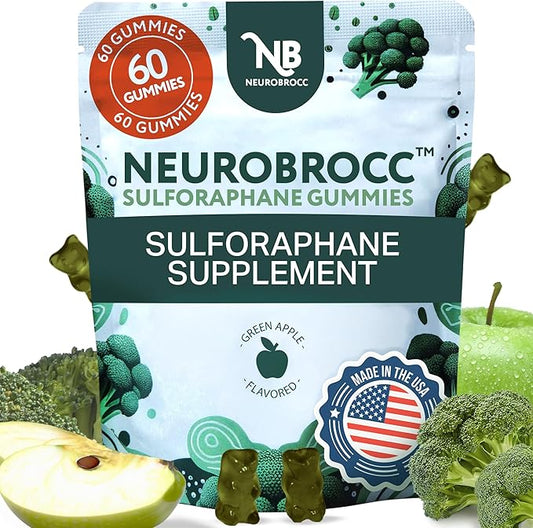 NeuroBrocc Sulforaphane Supplement Gummies - Potent Broccoli Sprout Extract Supplement - 60 Vegan Friendly Green Apple Flavored Gummies for Kids and Adults