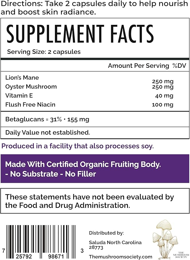 Skin Rejuvenation Supplement - Inner Skin Glow & Cellular Repair Formula – Lion’s Mane, Oyster, Vitamin E, Niacin + Beta-Glucans – Antioxidant + Beauty Blend - 120 Vegan Capsules