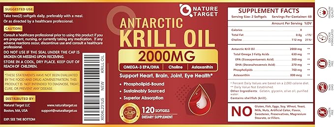 NATURE TARGET Krill Oil 2000 mg with Omega-3 EPA & DHA with Astaxanthin Supplement, Choline - Supports Heart, Brain, Join, Eye Health, Non-GMO, Gluten Free, 120 Softgels (60 Servings)