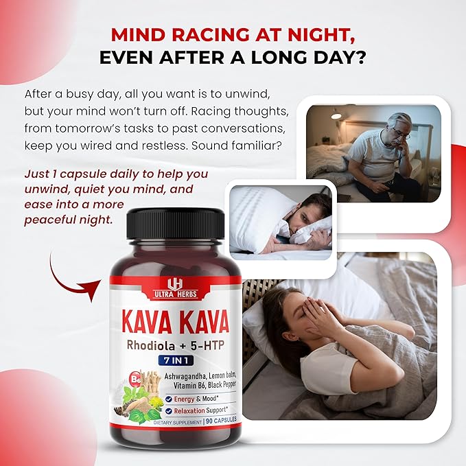 Kava Kava Capsules Supplement - Formula Enriched with Ashwagandha, 5-HTP, Rhodiola, Lemon Balm, Support Mood, Calm & Relaxation | 90 Capsules