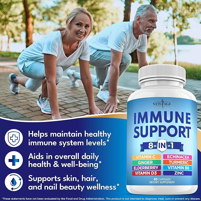8 in 1 Immune Support Booster Supplement with Echinacea, Vitamin C and Zinc 50mg, Vitamin D 5000 IU, Turmeric Curcumin & Ginger, B6, Elderberry (8 in 1 Capsules (Pack of 3))