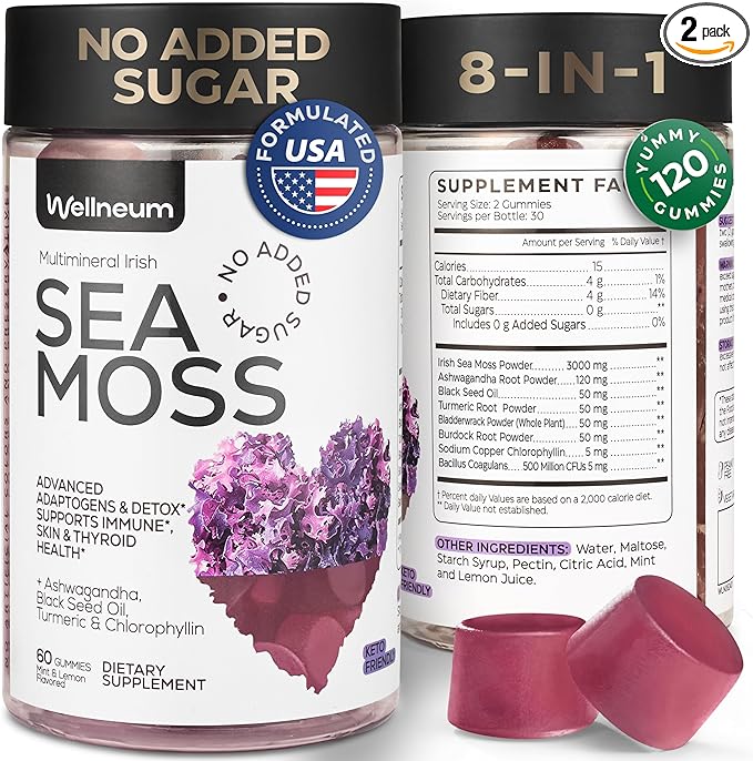 Multimineral Sea Moss Glow Gummies - Irish Seamoss for Immunity, Thyroid Health, Skin - Detox Cleanse Gummies with Black Seed Oil, Bladderwrack, Ashwagandha - No Sugar, GMO - for Men and Women