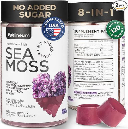 Multimineral Sea Moss Glow Gummies - Irish Seamoss for Immunity, Thyroid Health, Skin - Detox Cleanse Gummies with Black Seed Oil, Bladderwrack, Ashwagandha - No Sugar, GMO - for Men and Women