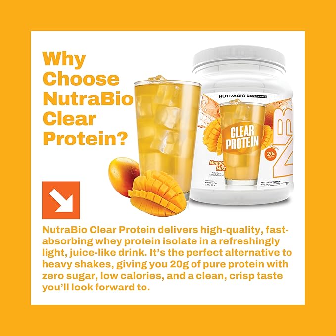 NutraBio Clear Protein Powder, Mango Mist - 20 Servings, 20g Clear Whey Protein Isolate, 0 Sugar, 0g Lactose, Refreshing Fruit Flavors, GLP1 Support - Bone Health - Muscle Post Workout Recovery