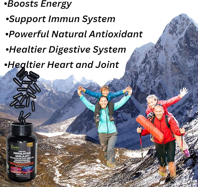 Shilajit for Men and Women-Organic Himalayan Shilajit Capsules with Sea Moss, Black Seed Oil, Ashwagandha, Rhodiola Rosea, Burdock, Cordyceps Mushroom, Ginseng, Turmeric, Ginger, 120 Capsules