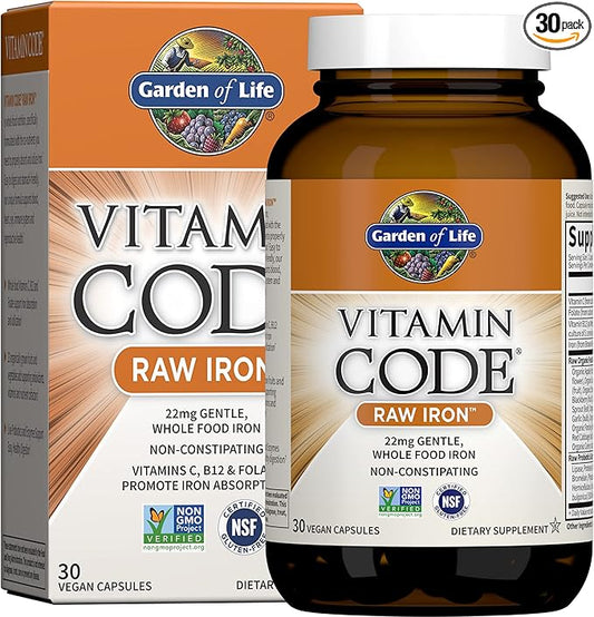 Garden of Life Vitamin Code Raw Iron Supplement - 30 Vegan Capsules, 22mg Once Daily Iron, Vitamins C, B12, Folate, Fruit, Veggies & Probiotics, Iron Supplements for Women, Energy & Anemia Support