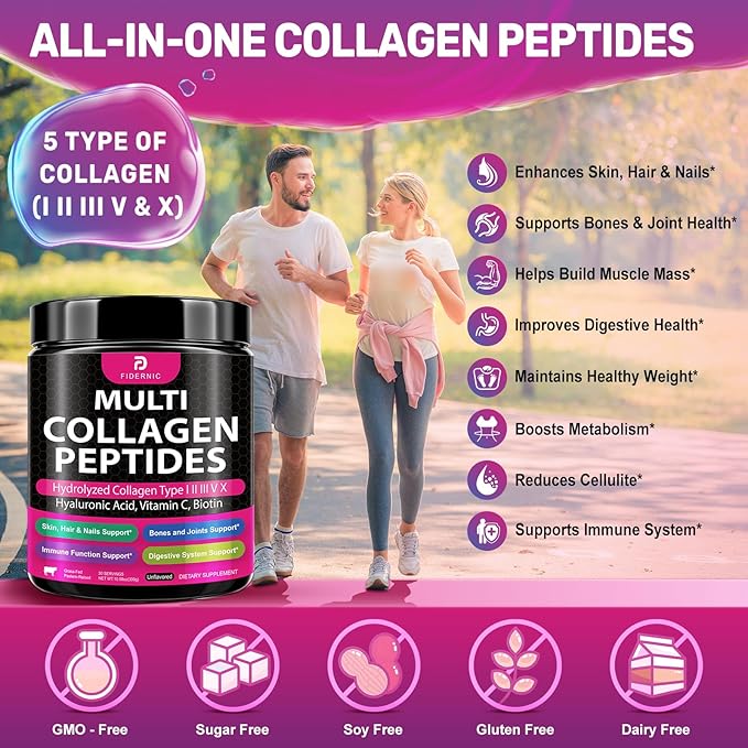 Multi Collagen Peptides Powder – Hydrolyzed Collagen Type I, II, III, V, X with Hyaluronic Acid, Vitamin C, Biotin, Supports Skin Hair Nail & Joint, Grass-Fed, Non-GMO, Unflavored, 30 Servings