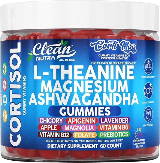 Clean Nutra L-Theanine Magnesium Ashwagandha Cortisol Gummies Apigenin Vitamin B6 Sleep Aid Calm Stress Relief Support Cortisol Management Supplement Lavender Chicory Prebiotic Advanced Gummy Formula