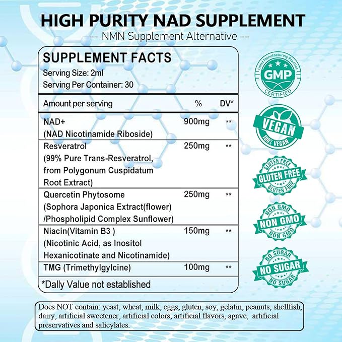 NAD Supplements for Women & Men, Liposomal NAD Nicotinamide Riboside Resveratrol 900mg, TMG, Quercetin, Vitamin B3, Organic Liquid NAD Resveratrol Supplement for Longevity, Energy, Anti-Aging, Focus
