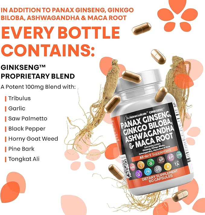 Clean Nutraceuticals Panax Ginseng Ginkgo Biloba Ashwagandha Maca Root - Focus Supplement Pills for Women and Men with Pine Bark Extract, Garlic, and Saw Palmetto - 60 Caps