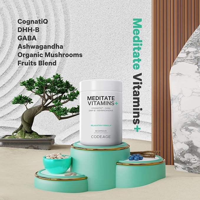 Codeage Meditate Vitamins+ Supplement - CognatiQ, DHH-B, GABA, Ashwagandha, Organic Mushrooms, Blueberries - BDNF Brain Pills and Neuroprotein - Vegan, Non-GMO, Gluten-Free - 60 Capsules