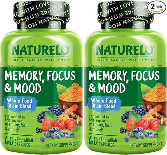 NATURELO Whole Food Brain Supplement - Brain Health Supplements for Memory & Focus Support - Enhance Brain Health Blend Supplement for Adults - 60 Vegetarian Capsules (Pack of 2)