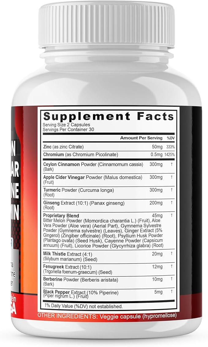 Ceylon Cinnamon, Apple Cider Vinegar, Turmeric - Gluco Health Support - Panax Ginseng, Berberine, Bitter Melon Milk Thistle Fenugreek - Non GMO – Made in USA – 60ct