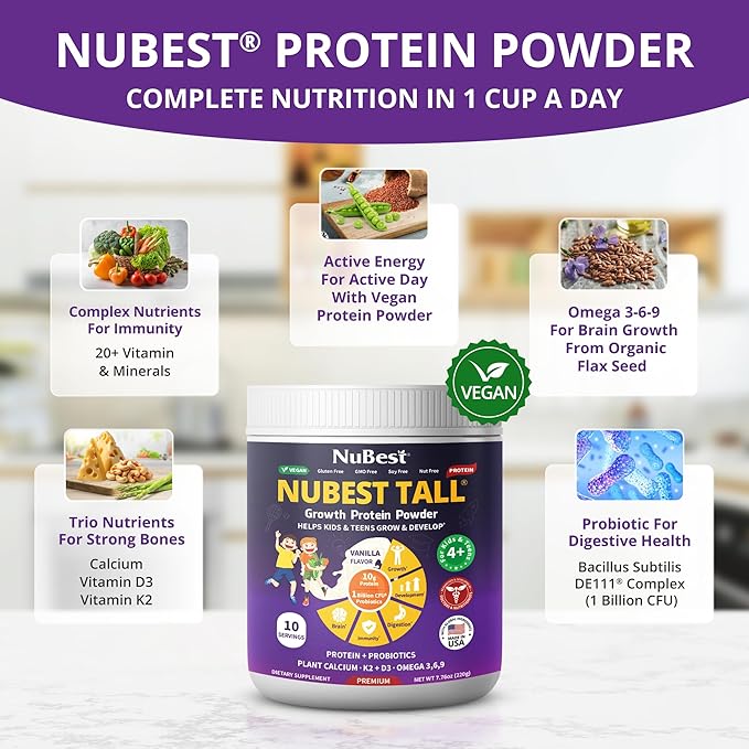 NuBest Tall Vanilla Plant-Based Protein Powder for Kids & Teens - Healthy & Immunity with Probiotics, Omega 3-6-9, Vitamin D3 + K2, Calcium & Vitamins - 10 Servings | 2 Week Supply