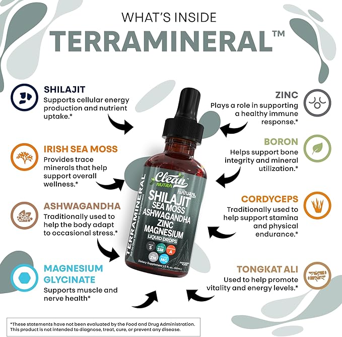 Clean Nutraceuticals Shilajit Liquid Drops with Sea Moss, Ashwagandha, Zinc, Magnesium, Liquid Vitamins for Women and Men - Terra Mineral