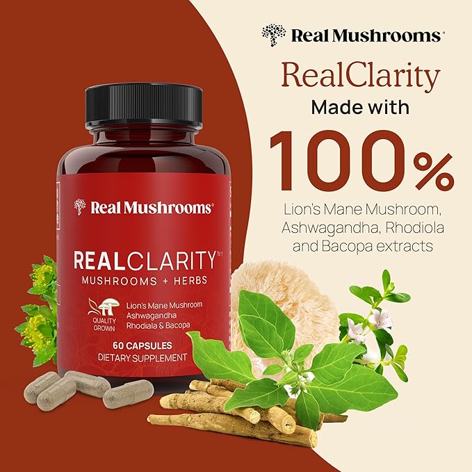 Real Mushrooms RealClarity Capsules – Lion’s Mane, KSM-66 Ashwagandha, Cordyceps & Reishi – Mental Sharpness, Alertness. & Adaptogenic Support – Vegan, Non-GMO – 60 Count Mushroom Supplement