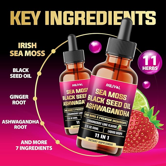 11in1 Sea Moss Liquid Drops - Irish Sea Moss with Black Seed Oil, Ashwagandha & 8 Other - Supplement for Immune, Skin, Digestion - 2 Fl Oz - 60 Days