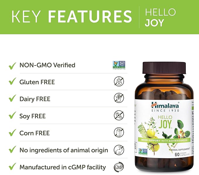 Himalaya Hello Joy Herbal Supplement, with Ashwagandha, Amla, Bacopa, Holy Basil/Tulsi, Positive Outlook, Supports Motivation, Stress Relief, Balanced Cortisol, Non-GMO, Vegan, 60 Capsules