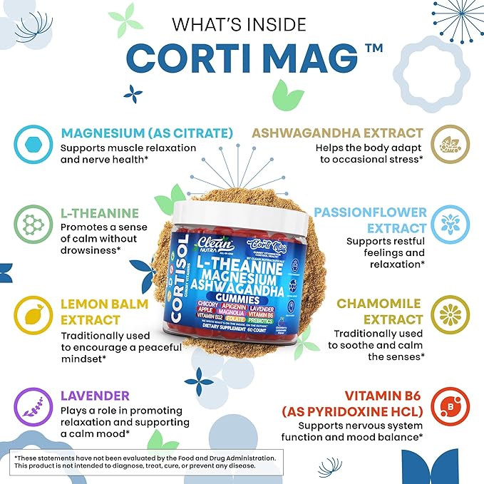 Clean Nutra L-Theanine Magnesium Ashwagandha Cortisol Gummies Apigenin Vitamin B6 Sleep Aid Calm Stress Relief Support Cortisol Management Supplement Lavender Chicory Prebiotic Advanced Gummy Formula