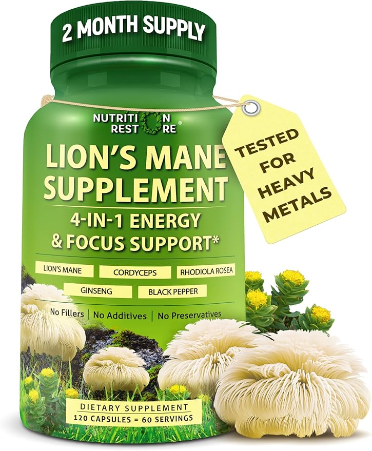 Organic Lion's Mane Supplement Capsules - Contains Naturally Occurring Beta Glucans & Polysaccharides, Enhanced with Organic Energy & Focus Support Blend: Cordyceps, Rhodiola Rosea, Ginseng, 120 Count