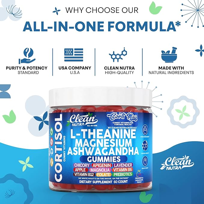 Clean Nutra L-Theanine Magnesium Ashwagandha Cortisol Gummies Apigenin Vitamin B6 Sleep Aid Calm Stress Relief Support Cortisol Management Supplement Lavender Chicory Prebiotic Advanced Gummy Formula