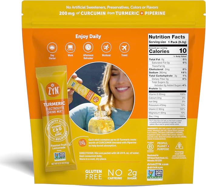 ZYN Electrolyte Drink Mix Hydration Packets, Passion Fruit Electrolytes Powder, Hydration Packets w/Turmeric Curcumin, Vitamin C & D, Zinc, Hydrate & Recover Electrolyte Powder, Pack of 32