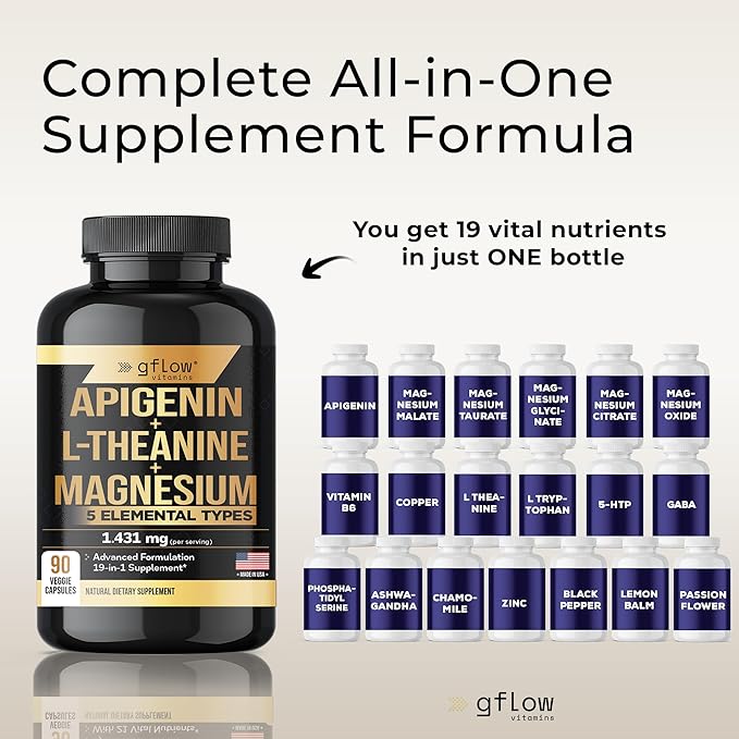 Magnesium Glycinate Complex with 19 in 1 Vital nutrients - Magnesium Oxide Malate Taurate Citrate L Theanine, Ashwagandha L Tryptophan 5-HTP GABA Phosphatidyl Serine, Chamomile
