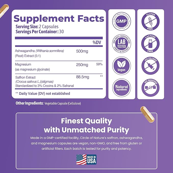 Saffron Supplement 88.5 mg with Ashwagandha & Magnesium Glycinate, Mood, Eye Health & Relaxation, 60 Clean Capsules, Saffron Stigma Extract, Made in USA
