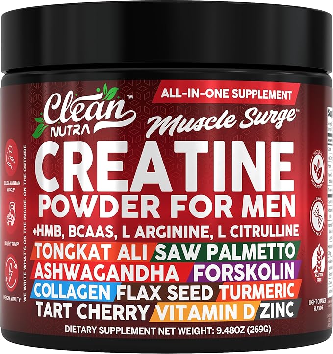 Clean Nutra Creatine Power for Men + HMB BCAA L Arginine L Citrulline Tongkat Ali Saw Palmetto Ashwagandha Collagen Flax Seed Turmeric Preworkout Stevia Nitric Oxide L Glutamine Amino Acids