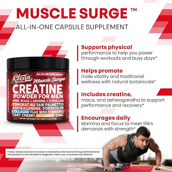 Clean Nutra Creatine Power for Men + HMB BCAA L Arginine L Citrulline Tongkat Ali Saw Palmetto Ashwagandha Collagen Flax Seed Turmeric Preworkout Stevia Nitric Oxide L Glutamine Amino Acids