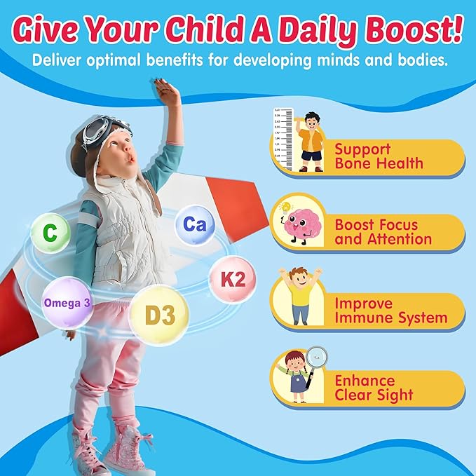 Kids Omega 3 Gummies + Calcium, Vitamin D3 & K2, C, Omega-3 DHA/EPA Gummies for Strong Bones, Focus & Memory, Immune Support, Kids Omega3 Supplement - No Fish Taste, Non-GMO, Chewable, Vegan, 2 Pack