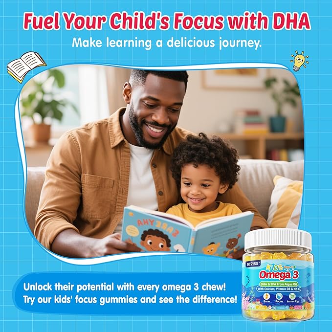 Kids Omega 3 Gummies + Calcium, Vitamin D3 & K2, C, Omega-3 DHA/EPA Gummies for Strong Bones, Focus & Memory, Immune Support, Kids Omega3 Supplement - No Fish Taste, Non-GMO, Chewable, Vegan, 2 Pack