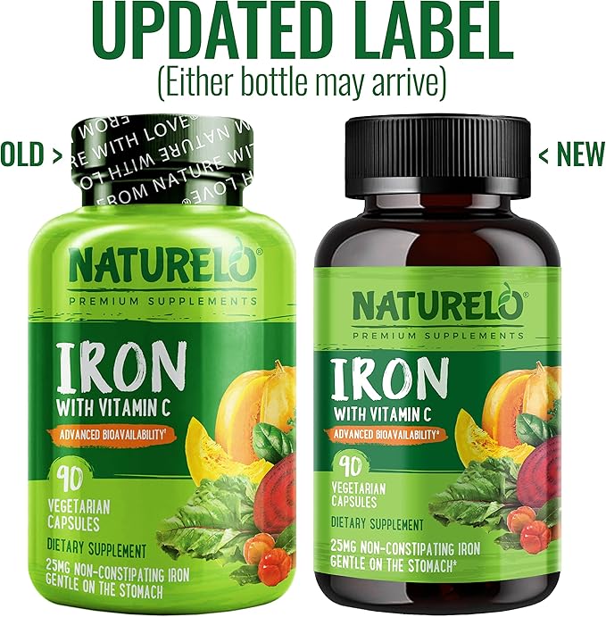 NATURELO Vegan Iron Supplement with Vitamin C and Organic Whole Foods - Gentle Iron Pills for Women & Men with Iron Deficiency Including Pregnancy, Anemia and Vegan Diets - 90 Mini Capsules