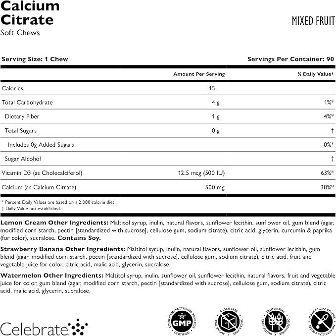 Celebrate Vitamins Bariatric 500mg Calcium Citrate Soft Chews with 500 IU Vitamin D3 – Essential for Gastric Bypass Patients & Bone Health - Sugar & Gluten Free, Fruit (270 Chews)