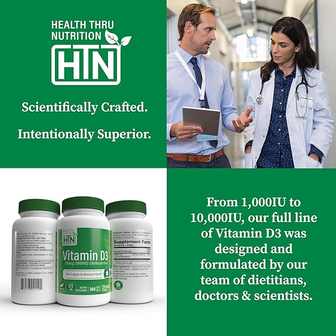 Health Thru Nutrition Vitamin D3 1,000iu 360 Mini Softgels for Maximum Benefit | 25mcg Cholecalciferol | 3rd Party Tested | Non-GMO USP Grade in Organic EVOO | Immune Health Support