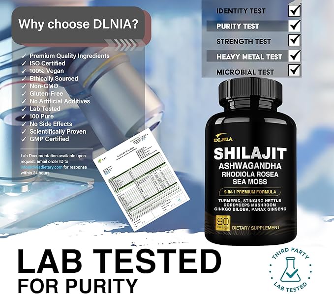 Shilajit 9-in-1 Capsules – Organic Himalayan Complex with Ashwagandha, Sea Moss, Turmeric & More – Vegan, Lab-Tested, Immune & Energy Support for Men & Women – 90 Capsules