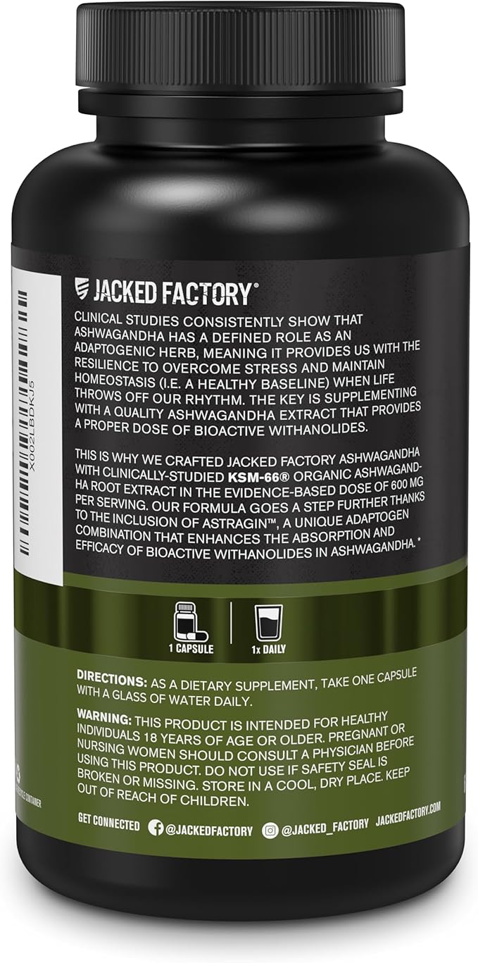 Jacked Factory Ashwagandha Root Extract (KSM-66 Ashwagandha) w/ 5% Withanolides - Supplement for Natural Stress Relief, Cognitive Function, Vitality, and Mood Support - 60 Veggie Capsules