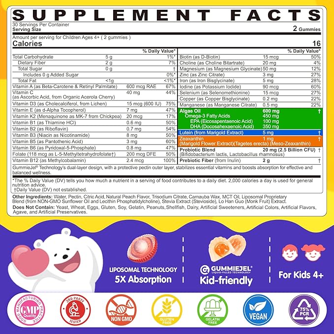 Kids Multivitamin Gummies with Omega-3 (DHA & EPA), Liposomal Multivitamin for Kids 4+ w/Vitamin D3, K2, Methylated B12, Folate, C, Probiotics, Lutein & Zeaxanthin for Brain, Immunity, Gut, Eye, 60Cts