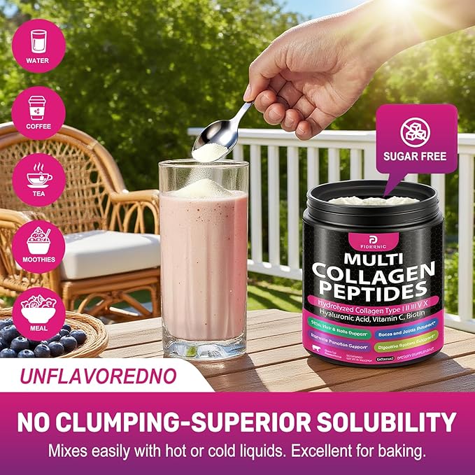 Multi Collagen Peptides Powder – Hydrolyzed Collagen Type I, II, III, V, X with Hyaluronic Acid, Vitamin C, Biotin, Supports Skin Hair Nail & Joint, Grass-Fed, Non-GMO, Unflavored, 30 Servings