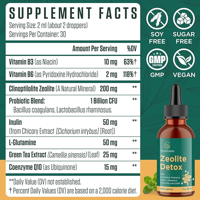 Zeolite Detox for Adults, Zeolite Liquid Drops with Vitamin B, Probiotic Blend, Gentle Detox for Adults, Energy, Gut, Focus - 2 Fl Oz (1 Bottle)