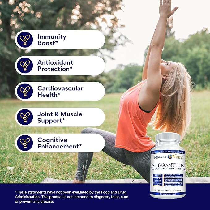 Research Verified Astaxanthin - Powerful Antioxidant, Fights Free Radicals, Supports Skin, Brain, Eyes, and Heart - Zinc RDA, Vitamin E, BioPerine - 3 Month Supply - Non-GMO, Made in The USA