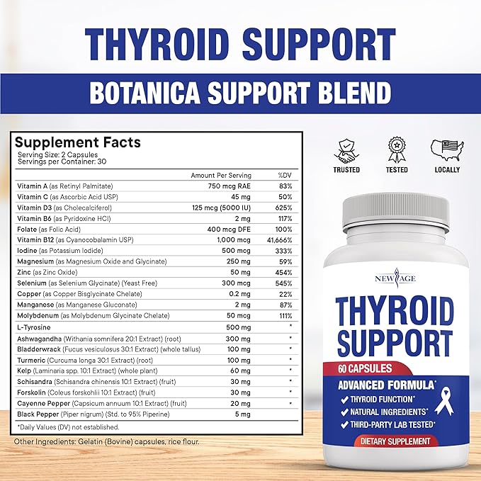 Thyroid Support Supplement for Women & Men with Iodine, B12, Zinc, Selenium, Ashwagandha, Bladderwrack, Turmeric, Schisandra - Non-GMO, Vegetarian - 120 Count