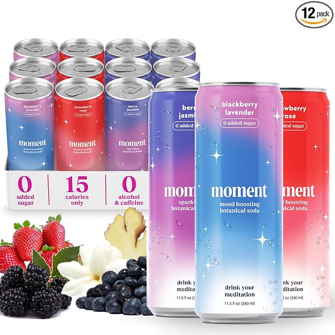 Moment Botanical Soda Soft Drink (Shark Tank) - SPARKLING Drinks | Berry Blast | L-Theanine & Ashwagandha for Calm & Clarity | 0 Added Sugar 0 Caffeine | 12-pack